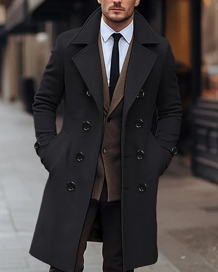 Men's Wool Coat with Double-Breasted Buttons, Lapel Collar