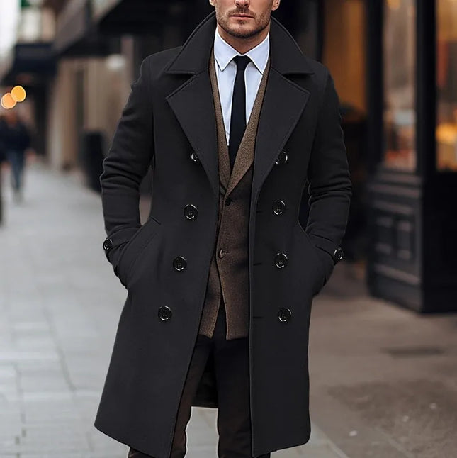Men's Wool Coat with Double-Breasted Buttons, Lapel Collar
