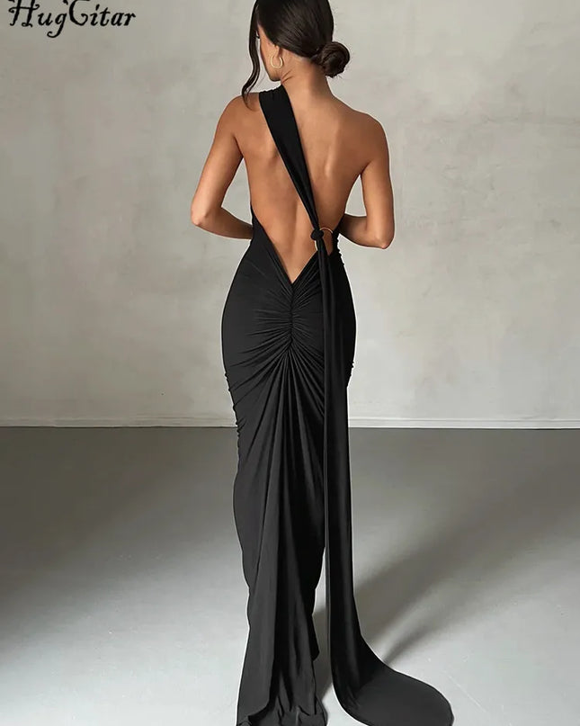 Hugcitar Adjustable Backless Ruched Dress with Single Shoulder and Scarf Loop for Women