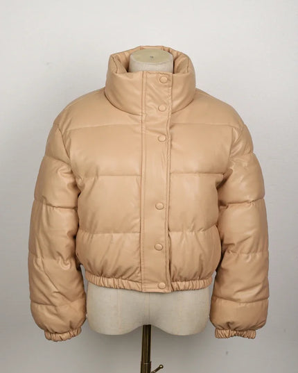 Women's Short PU Leather Parka -  Cotton Padded Down Jacket