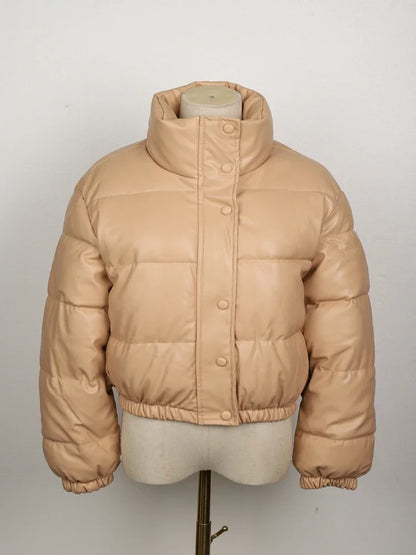 Women's Short PU Leather Parka -  Cotton Padded Down Jacket
