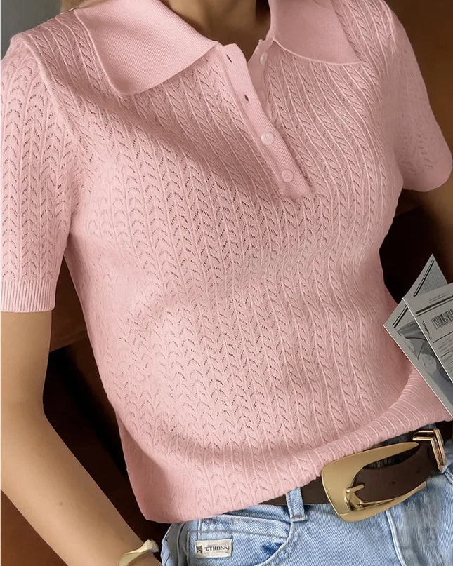 Hollow Knit Short Sleeve Polo T-Shirt for Women
