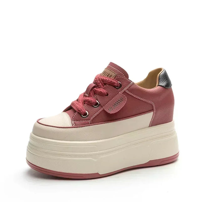 Hidden Heel High Platform Sneakers for Women Chunky Wedge - Genuine Leather