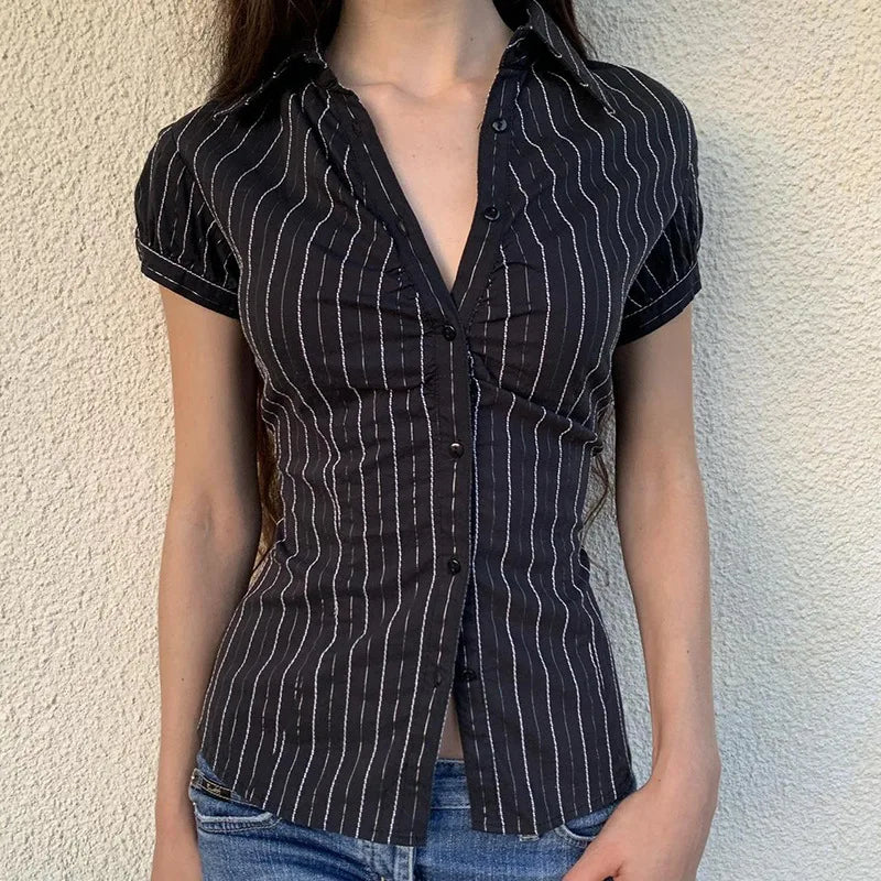 Chic Elegant Striped Button-Up Blouse for Women with Turn-Down Collar