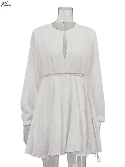 Elegant Women's Cotton V-Neck Lace-Up Loose Pleated Mini Dress by Oymimi