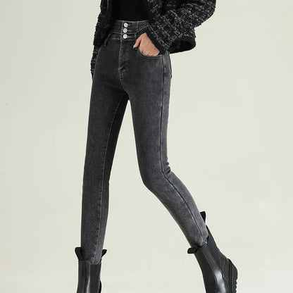 Women's High-Waisted Stretch Denim Pants with Multi-Button Closure