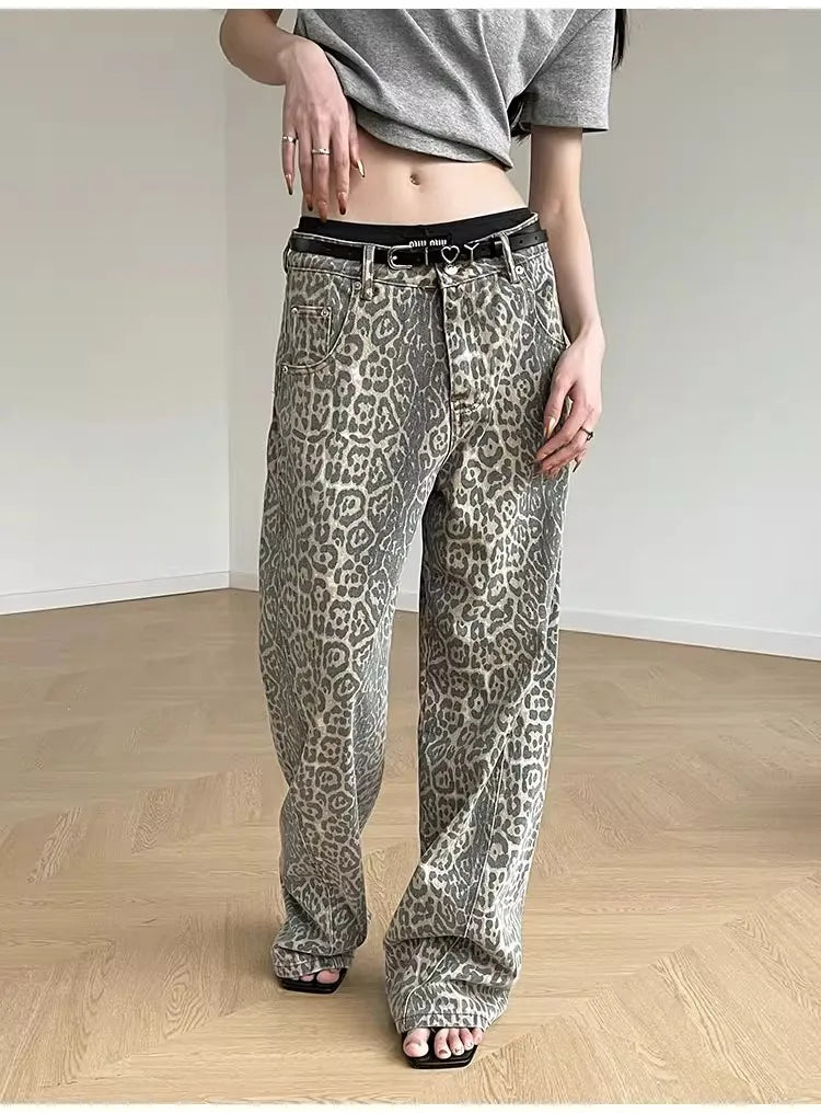 Women High Waist Leopard Printed   Wide Leg Denim Pants  Loose