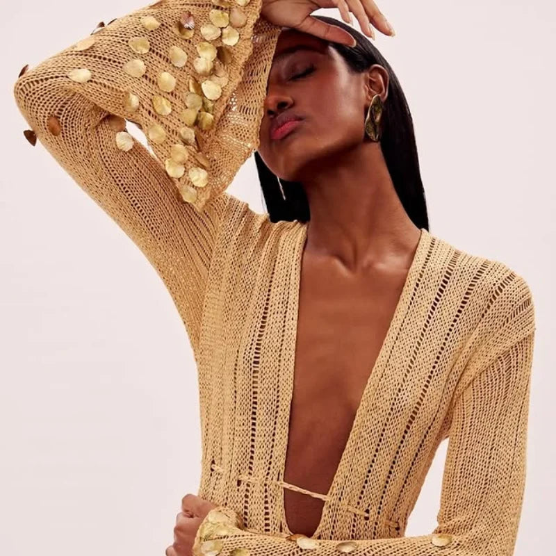 Women's Sequin Knitted Maxi Dress - Deep V Neck Lace-Up High Waist Robe with Sheer Panels