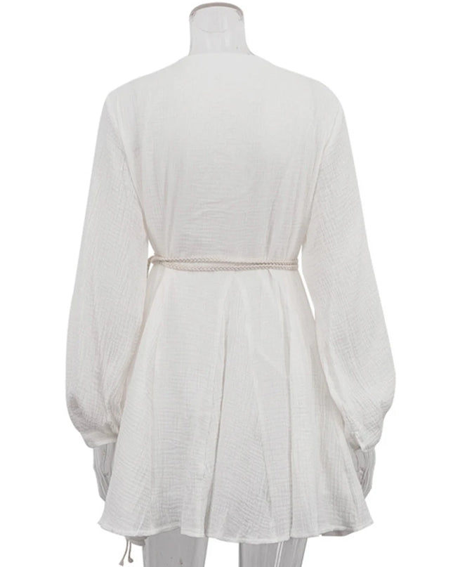 Women’s V-Neck Mini Dress with Flare Sleeves and Short Length