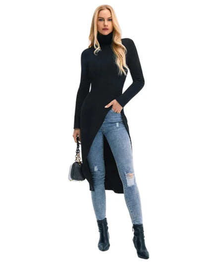 Women's Skinny Fit High-Neck Sweater Dress with Side Slits