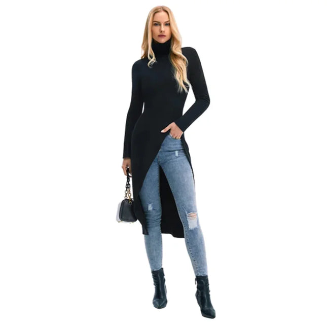 Women's Skinny Fit High-Neck Sweater Dress with Side Slits