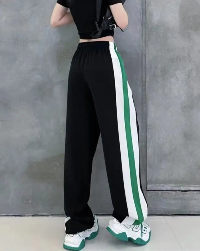 Women’s High Waist Elastic Sweatpants with Drawstring & Striped Design