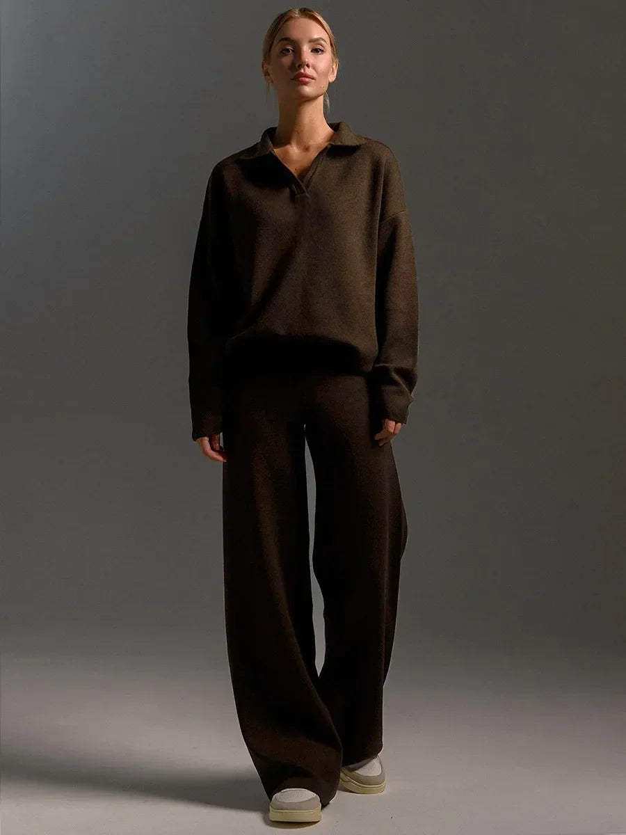 Women's Thick Knitted 2 Piece Set: Soft Polo Neck Sweater & Wide Leg Pants