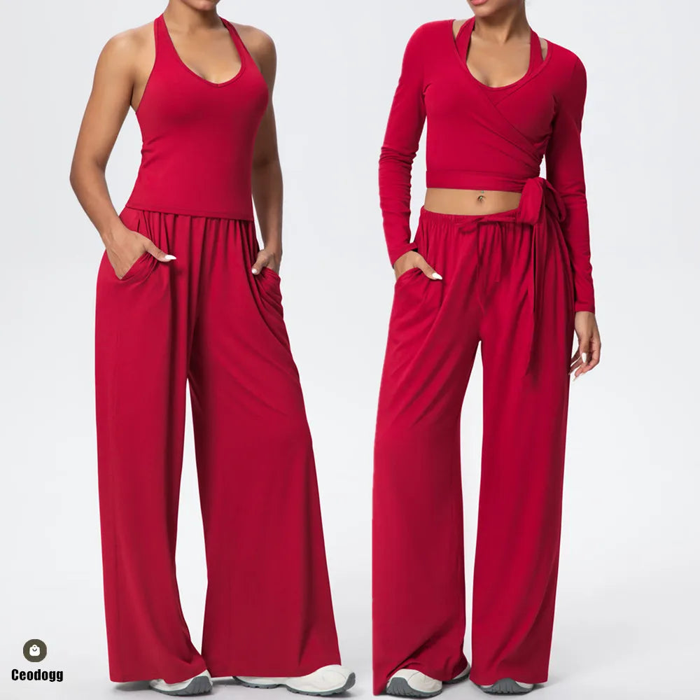 Women Drawstring Yoga Pants Wide Leg Loose Casual  Straight