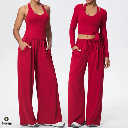 Women Drawstring Yoga Pants Wide Leg Loose Casual  Straight