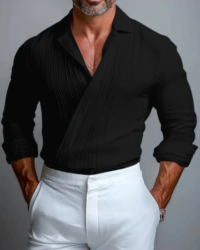 Men's Pleated Textured Long Sleeve Shirt with Lapel, Criss-Cross Design, and Breathable Fabric
