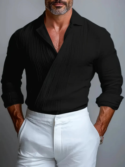 Men's Pleated Textured Long Sleeve Shirt with Lapel, Criss-Cross Design, and Breathable Fabric
