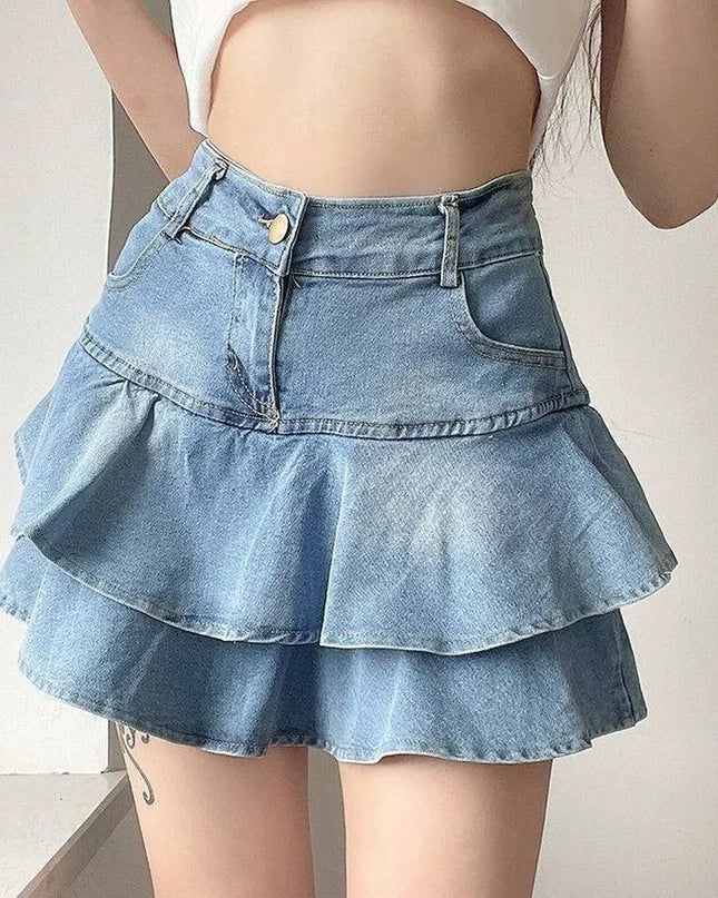 Vintage High-Waist Denim Skirt with Ruffle Detailing