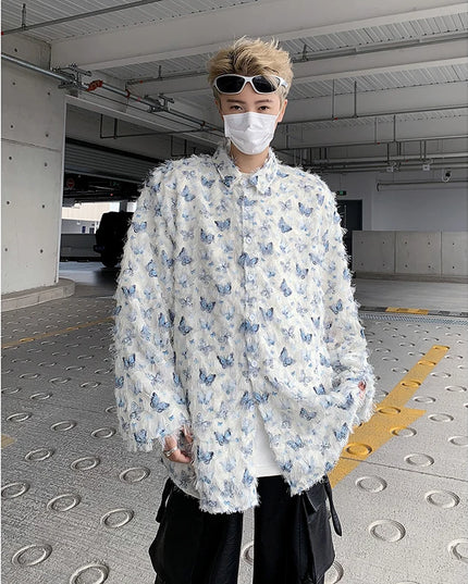Men's Slim Fit Long Sleeve Shirt with 3D Butterfly Embroidery and Tassel Detailing