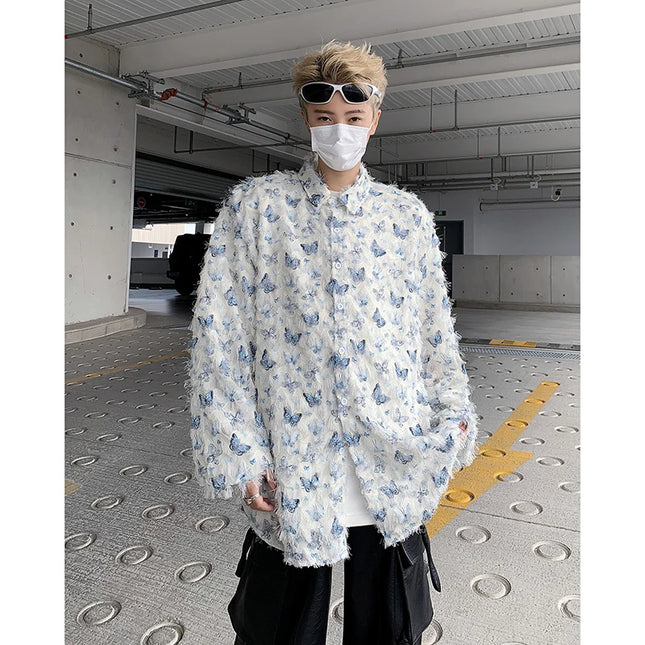 Men's Slim Fit Long Sleeve Shirt with 3D Butterfly Embroidery and Tassel Detailing