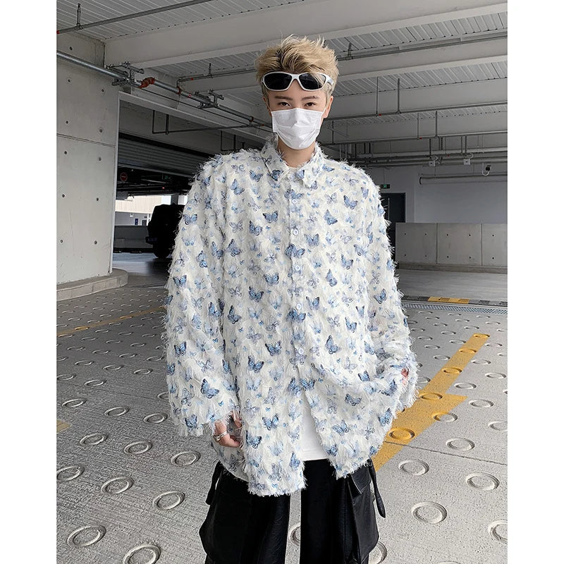 Men's Slim Fit Long Sleeve Shirt with 3D Butterfly Embroidery and Tassel Detailing