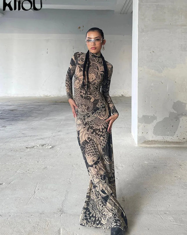 Women's Long Sleeve Mesh Sheer Bodycon Dress