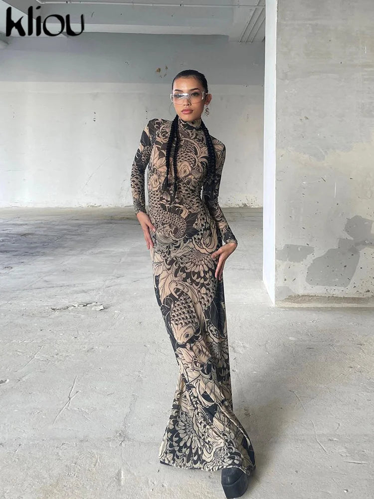 Women's Long Sleeve Mesh Sheer Bodycon Dress