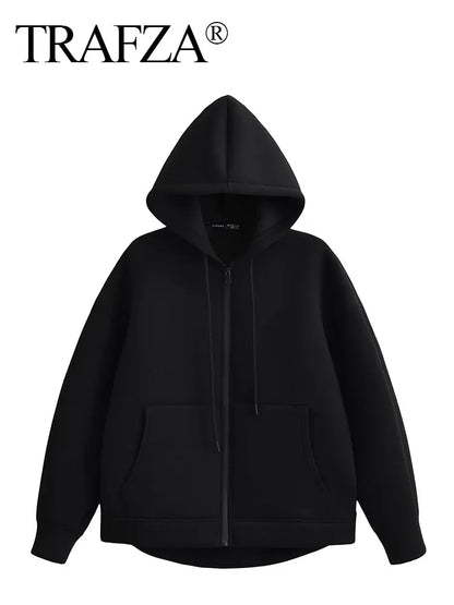 TRAFA Women's Zipper Hoodie Jacket – Loose Fit Casual Zip-Up Sweatshirt for Women