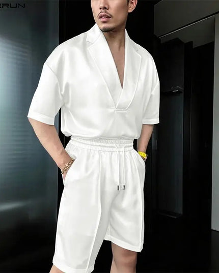 Incerun Men's Two-Piece Short Sleeve Shirt and Shorts Set