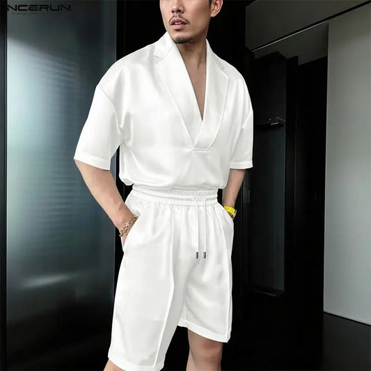 Incerun Men's Two-Piece Short Sleeve Shirt and Shorts Set