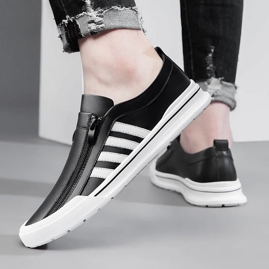 Men's Genuine Leather Zipper Flat Sneakers - Stylish Comfortable Casual Footwear
