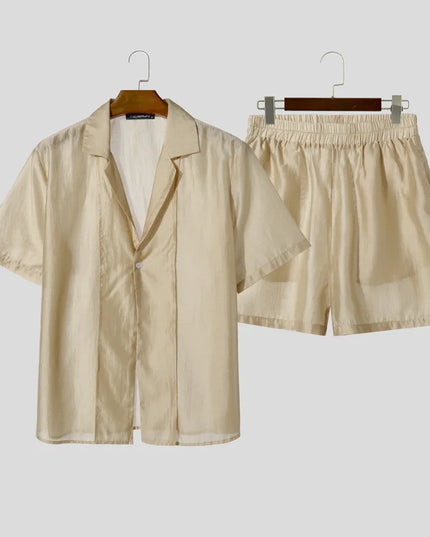 INCERUN Men’s Two-Piece Sheer Short-Sleeve Shirt and Shorts Set