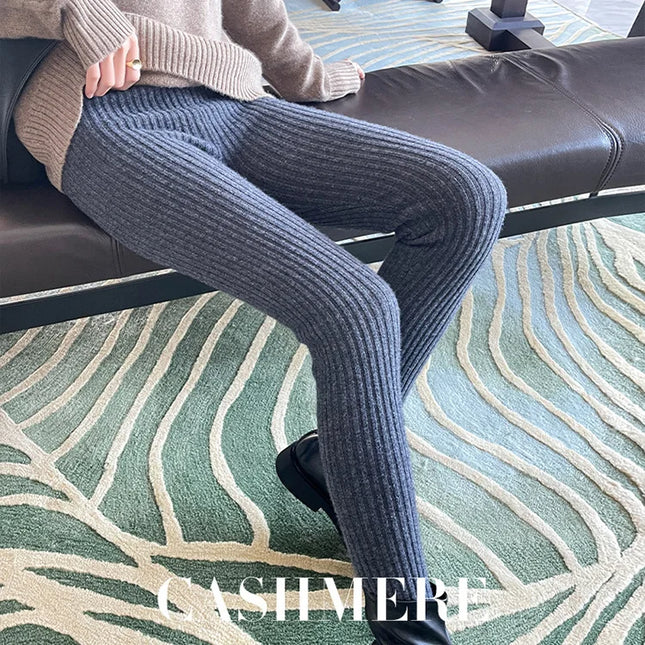 High-Waisted Slim Leggings for Women - Ribbed Knit Thermal Trousers with Ankle-Length Stretch Fit
