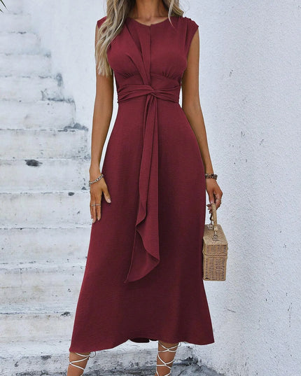 Women's Elegant Belted Midi Dress with Thin Front Straps