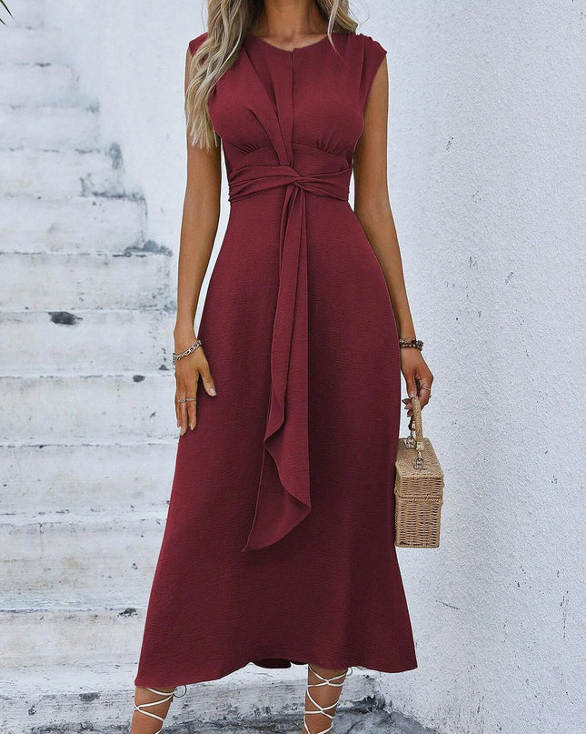 Women's Elegant Belted Midi Dress with Thin Front Straps
