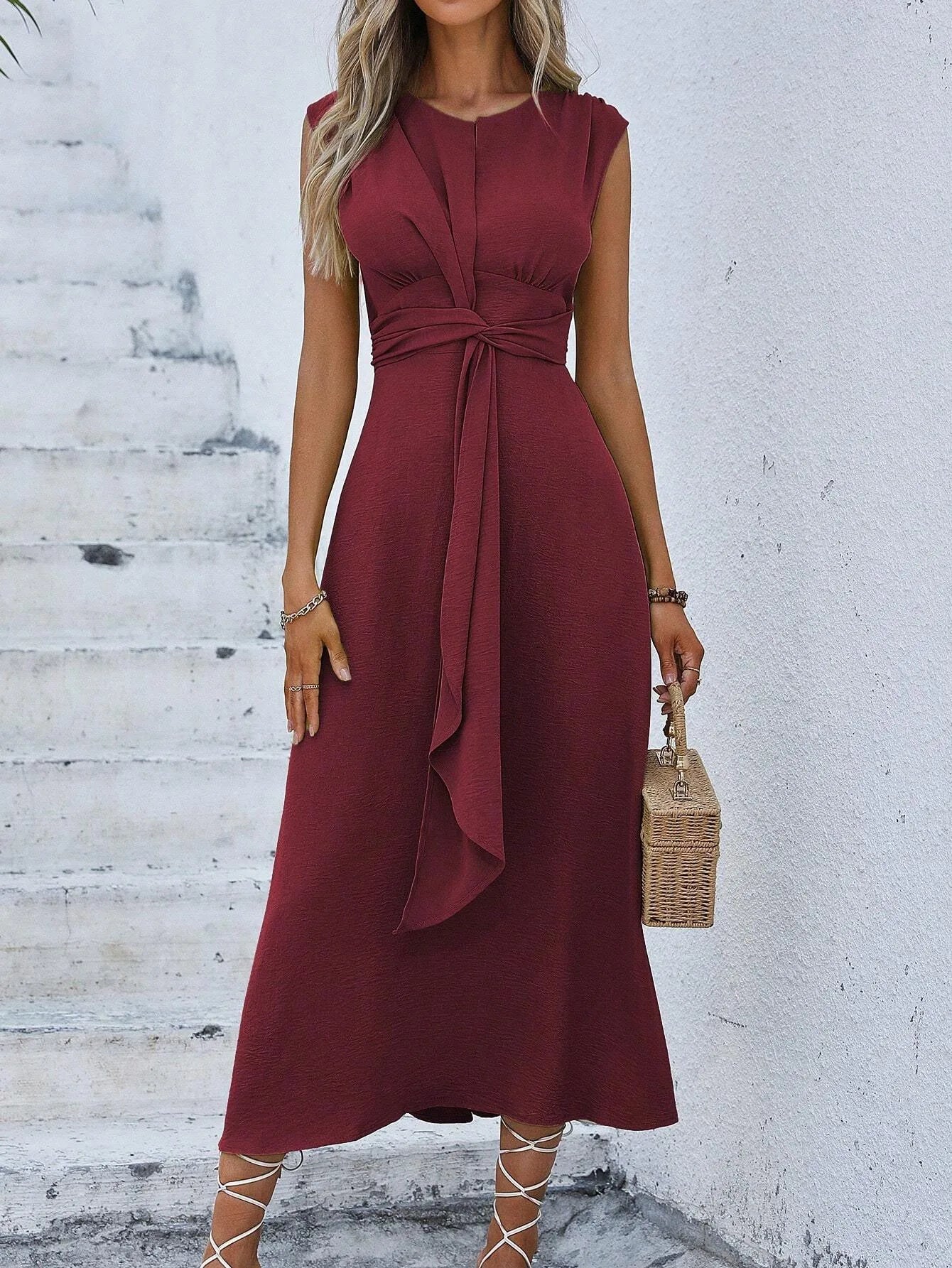 Women's Elegant Belted Midi Dress with Thin Front Straps