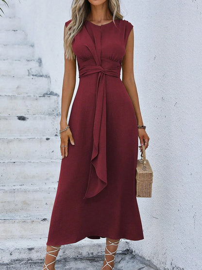 Women's Elegant Belted Midi Dress with Thin Front Straps