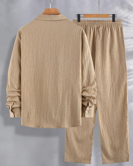 Men’s Two-Piece Set with Pleated Vertical-Stripe Lapel Shirt and Elastic-Waist Straight-Leg Pants