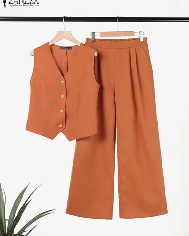 Womens Two Piece Sleeveless Vest Shirt and Trousers - Matching Set