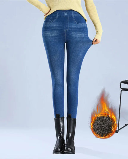 Faux Denim Fleece High-Waisted Pencil Pants for Women