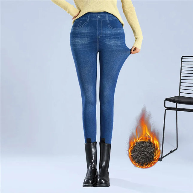 Faux Denim Fleece High-Waisted Pencil Pants for Women