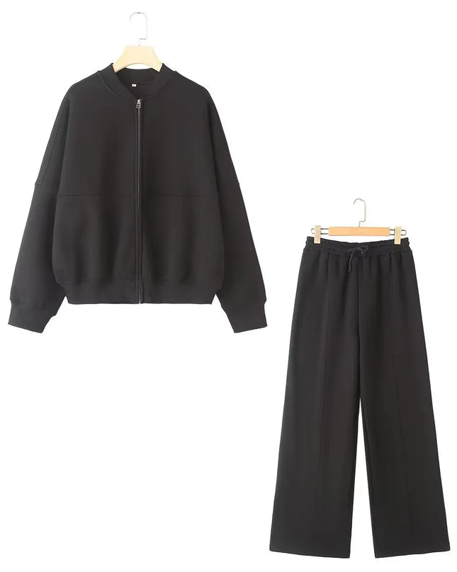 TRAFZA Women's 2-Piece Retro Zipper Jacket & High-Waisted Lace-Up Loose Pants Set
