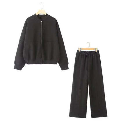 TRAFZA Women's 2-Piece Retro Zipper Jacket & High-Waisted Lace-Up Loose Pants Set