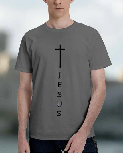 Men's 100% Cotton Casual T-Shirt with Large Cross and Jesus Letter Print