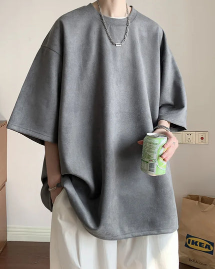 Men's Short Sleeve T-Shirt with Round Neck and Loose Fit in Suede Material