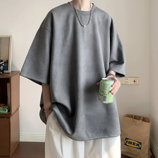 Men's Short Sleeve T-Shirt with Round Neck and Loose Fit in Suede Material