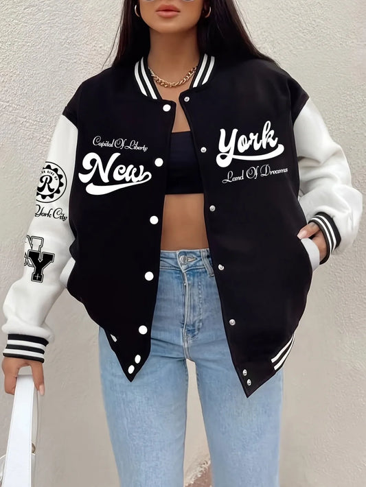 Women's City Never Give Up Print Fleece Jacket - Warm Casual Baseball Coat with Pockets, Loose Fit