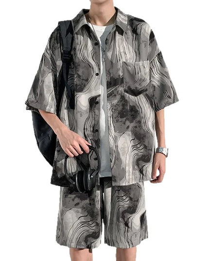 Men's Two-Piece Loose Fit Tie-Dye Striped Shirt and Shorts Set