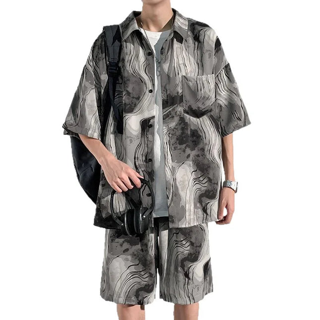 Men's Two-Piece Loose Fit Tie-Dye Striped Shirt and Shorts Set