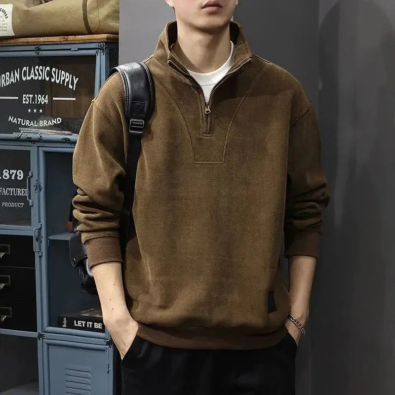 Men's Retro Long-Sleeve Half-Zip Stand Collar Sweater
